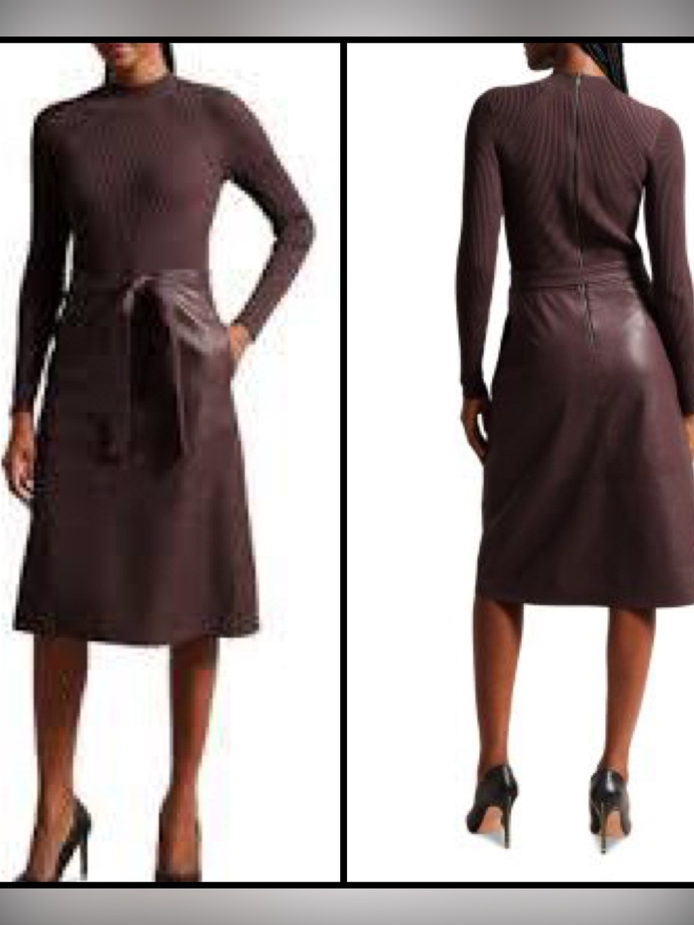 Ted Baker Alltaa Mixed Media Fit and Flare Faux Leather Old Money Midi Dress 8